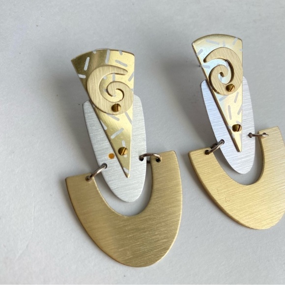 Vintage 90s Y2K Earrings Two Tone Gold Silver Metallic Statement Jewelry - Picture 4 of 8